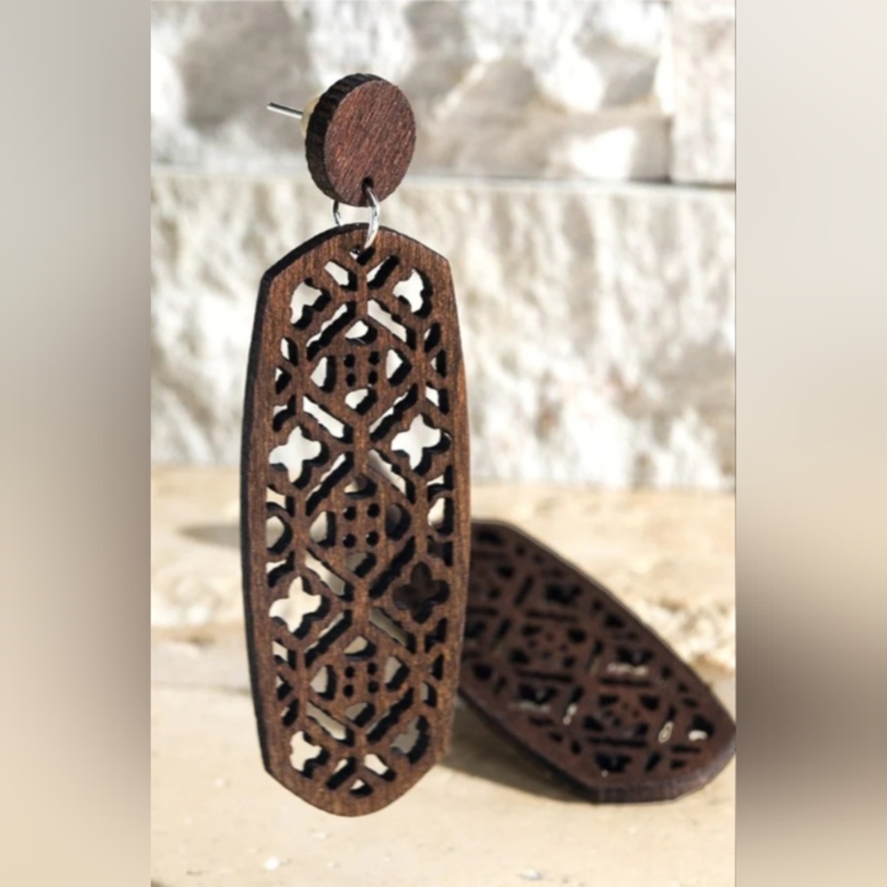 Wood Laser Cut Filigree Drop Earrings (Dark)
